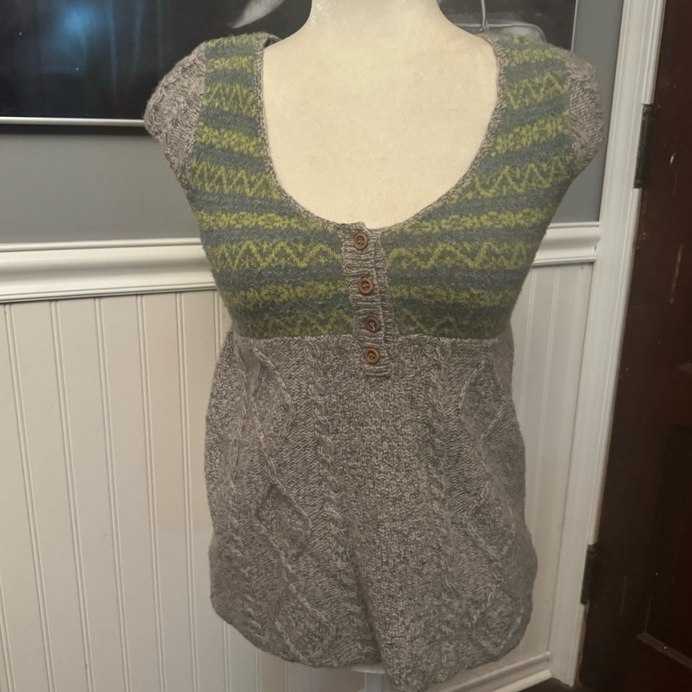 Free People Fair Isle Baby Doll Wool Blend Sweater Vest Green Gray Academia